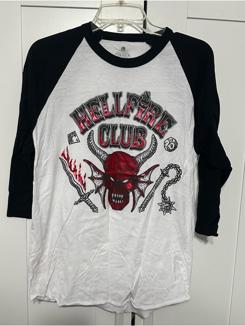 Hellfire Club Graphic Raglan Tee - Black & White with Red Print